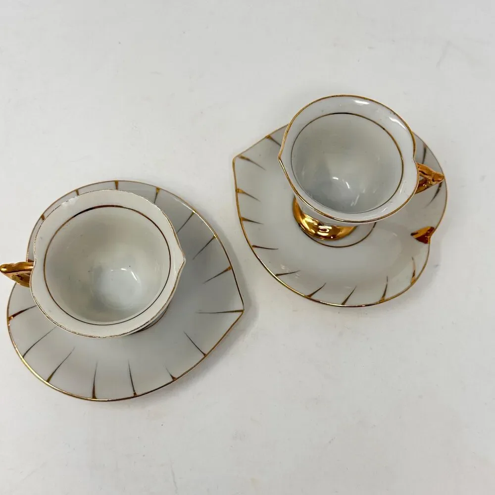 Vintage Inarco Japan White Gold Leaf Demitasse Teacup Saucer Set 2pc E-168-3